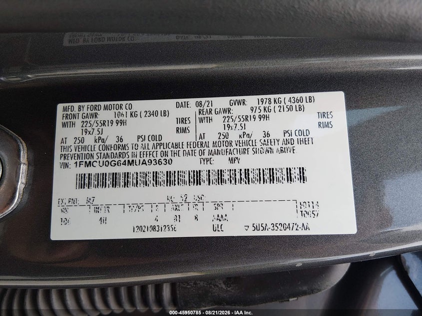 2021 FORD ESCAPE SPORT UTILITY VEHICLE 1.5L I-3 DI, DOHC, VVT, TURBO, 181HP