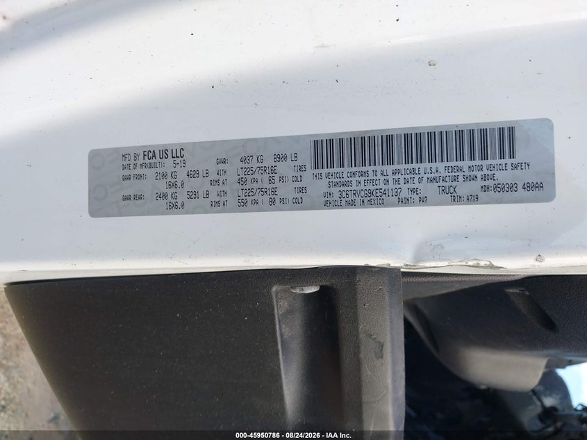 RAM PROMASTER 2500 2019 VIN 3C6TRVCG9KE541137