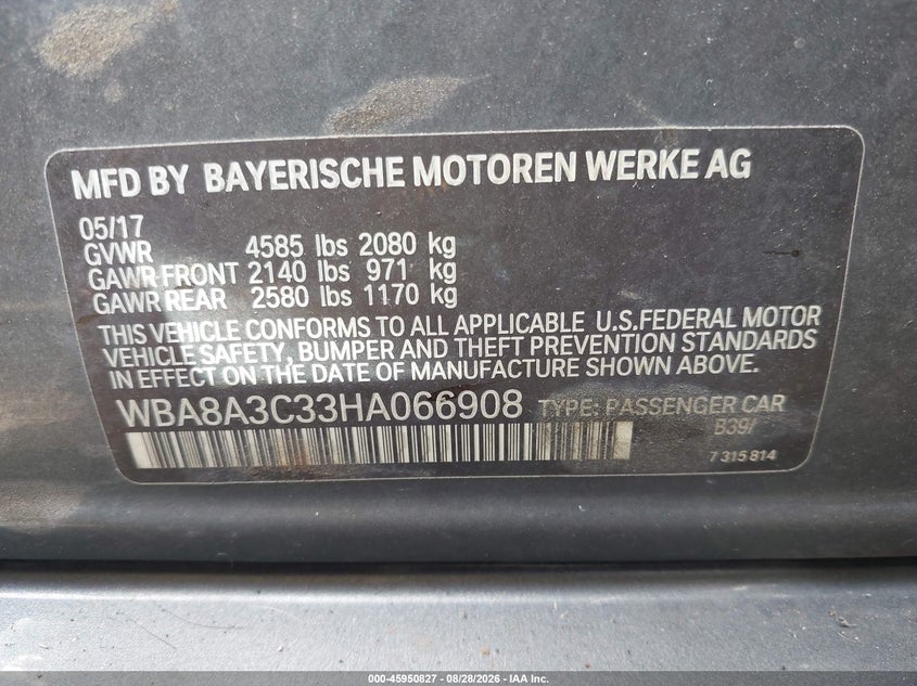 BMW 320I 2017 VIN WBA8A3C33HA066908