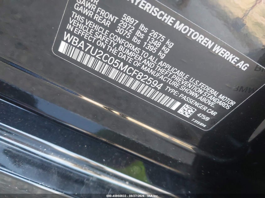 BMW 750I 2021 VIN WBA7U2C05MCF82594