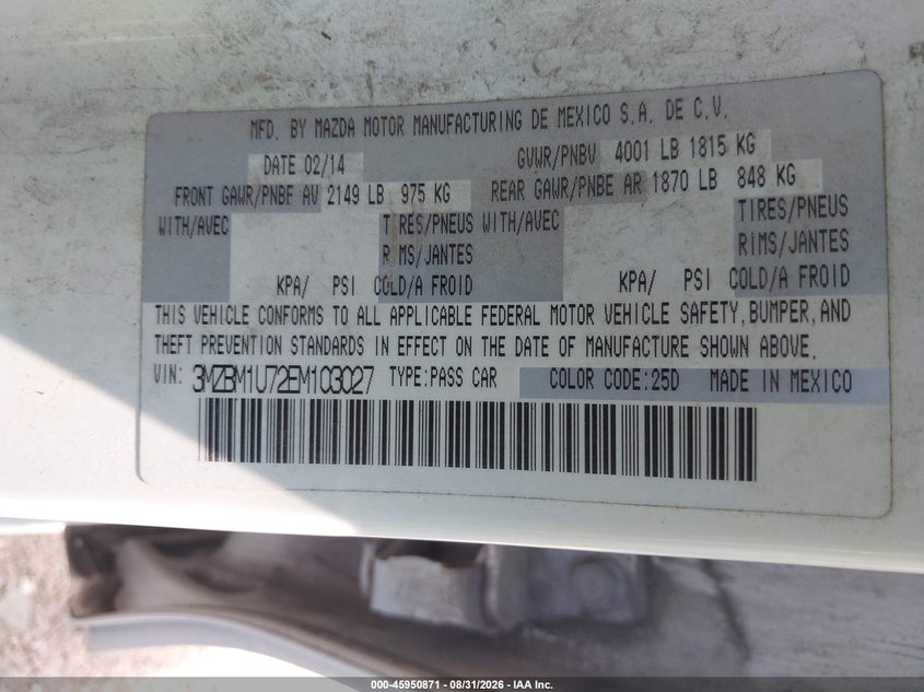 MAZDA MAZDA3 2014 VIN 3MZBM1U72EM103027
