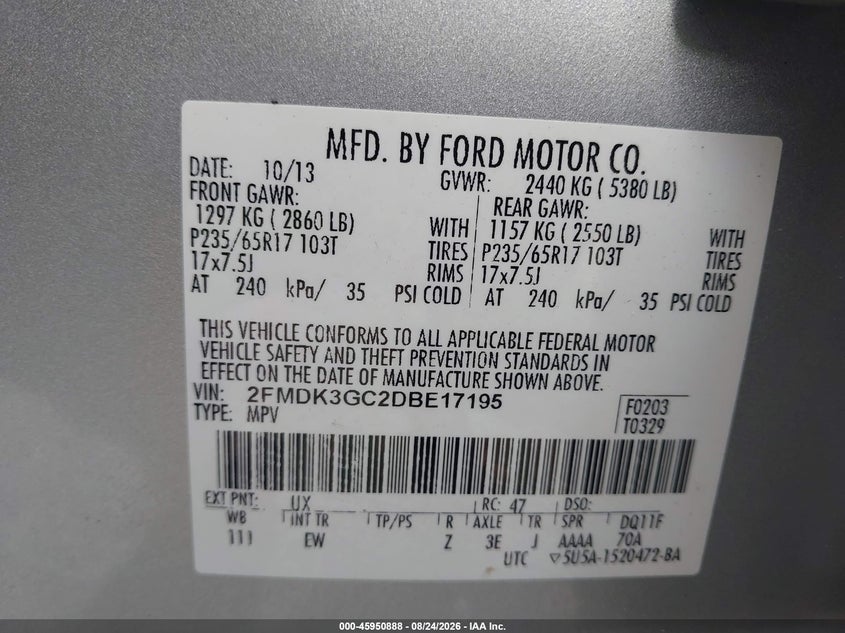FORD EDGE 2013 VIN 2FMDK3GC2DBE17195