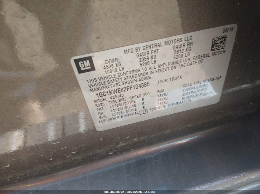 CHEVROLET SILVERADO 2500HD 2015 VIN 1GC1KWE82FF194388