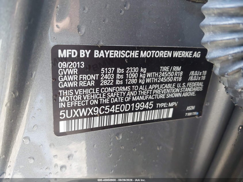 BMW X3 2014 VIN 5UXWX9C54E0D19945