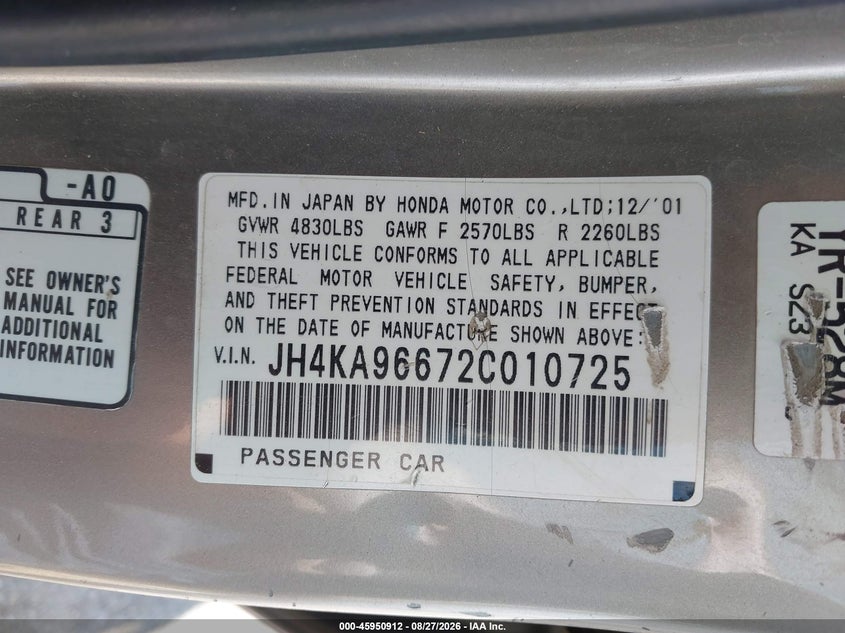 ACURA RL 2002 VIN JH4KA96672C010725