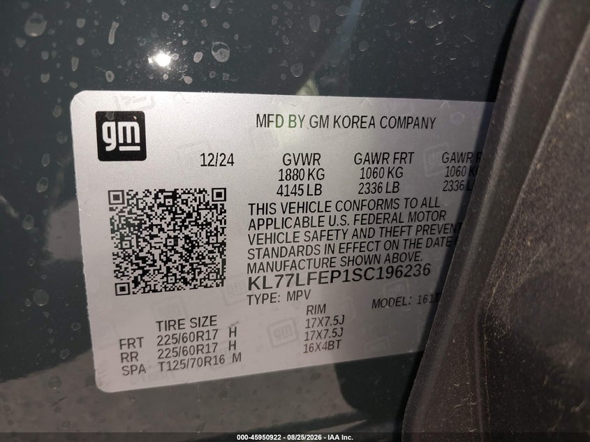 CHEVROLET TRAX 2025 VIN KL77LFEP1SC196236