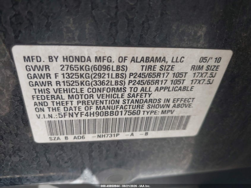 HONDA PILOT 2011 VIN 5FNYF4H90BB017560