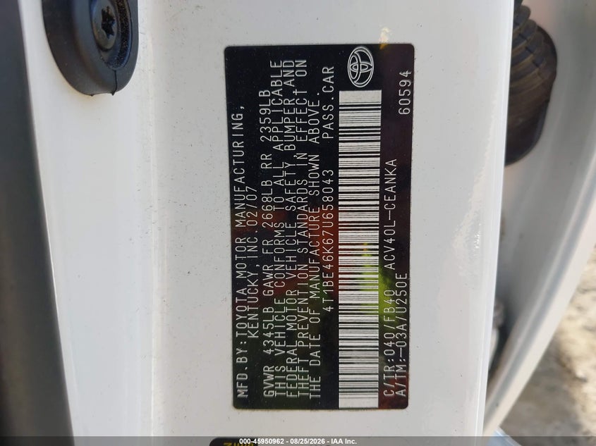 2007 TOYOTA CAMRY SEDAN 2.4L I-4 DOHC, VVT, 158HP