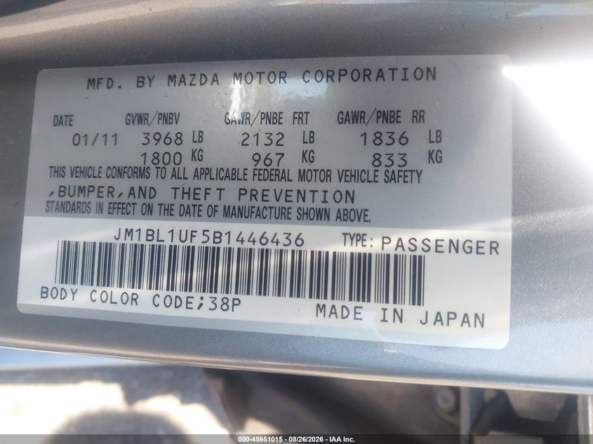 MAZDA MAZDA3 2011 VIN JM1BL1UF5B1446436