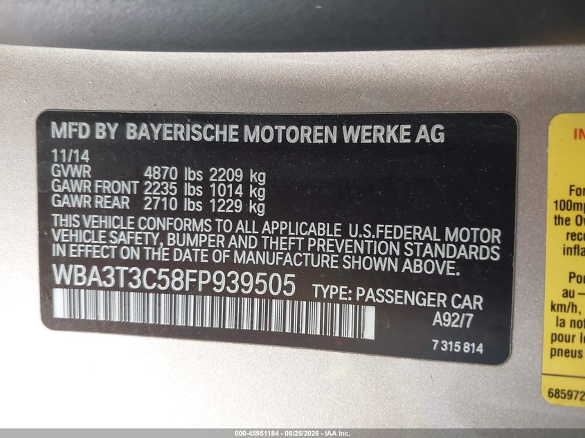 BMW 435I 2015 VIN WBA3T3C58FP939505