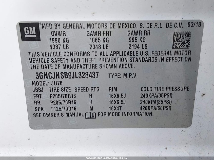 CHEVROLET TRAX 2018 VIN 3GNCJNSB9JL328437