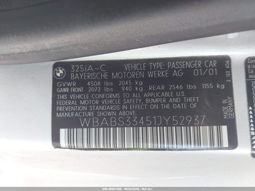 BMW 325CI 2001 VIN WBABS33451JY52937
