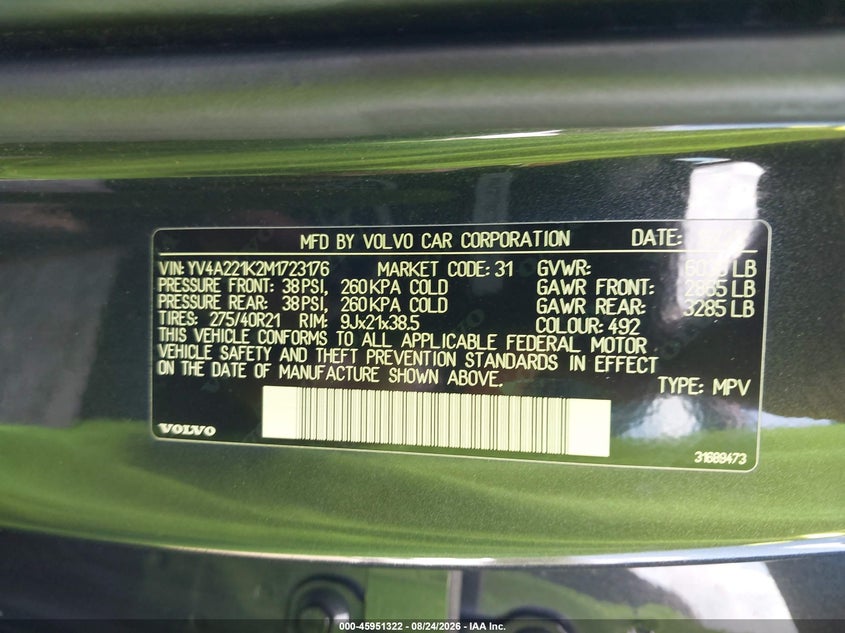VOLVO XC90 2021 VIN YV4A221K2M1723176