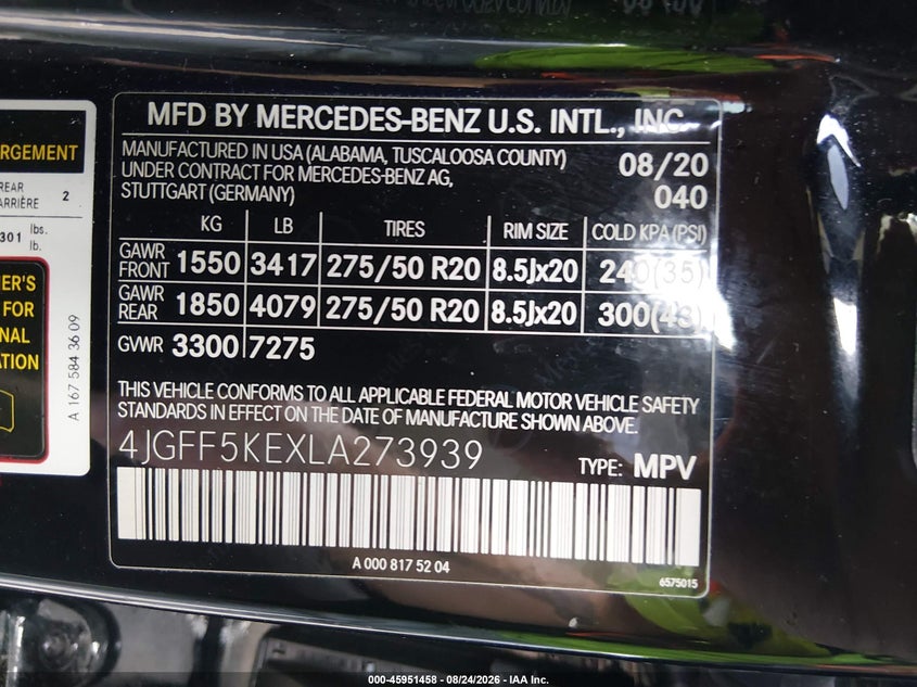MERCEDES-BENZ GLS 450 2020 VIN 4JGFF5KEXLA273939