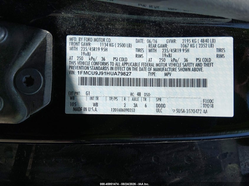 2017 FORD ESCAPE SPORT UTILITY VEHICLE 2.0L I4 FI DOHC 16V NF4