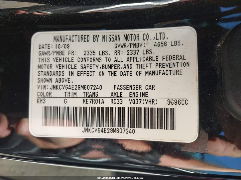 INFINITI G37 2009 VIN JNKCV64E29M607240