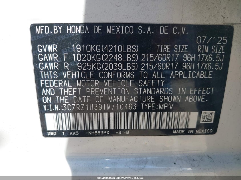 HONDA HR-V 2026 VIN 3CZRZ1H39TM710463