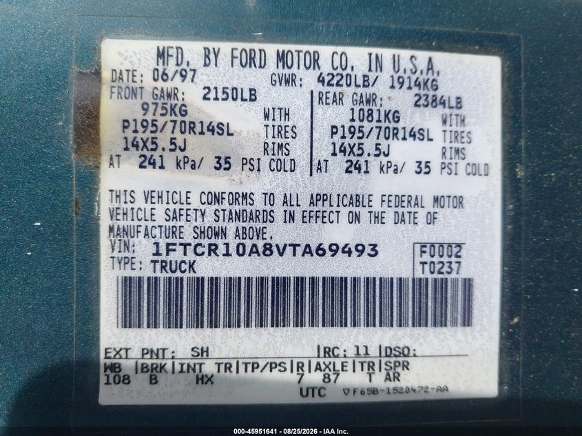 FORD RANGER 1997 VIN 1FTCR10A8VTA69493