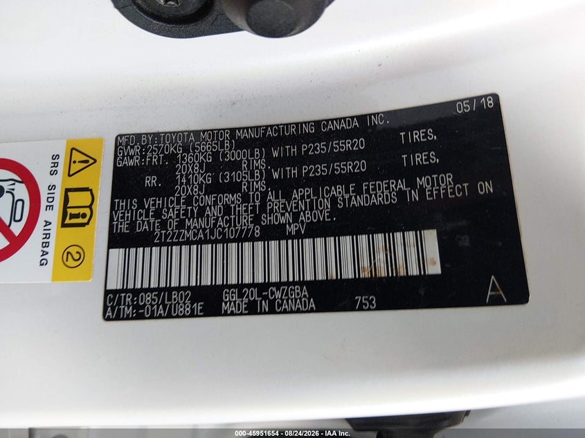 LEXUS RX 350 2018 VIN 2T2ZZMCA1JC107778