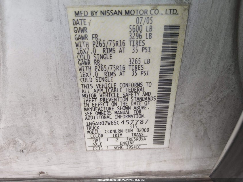 NISSAN FRONTIER 2005 VIN 1N6AD07W65C457787