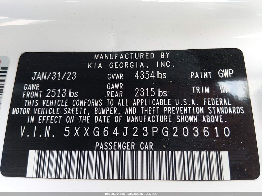 KIA K5 2023 VIN 5XXG64J23PG203610