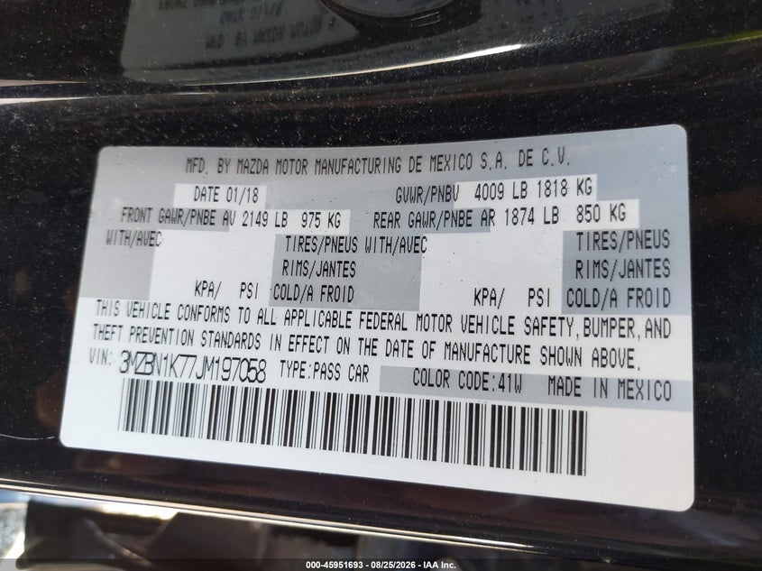 MAZDA MAZDA3 2018 VIN 3MZBN1K77JM197058