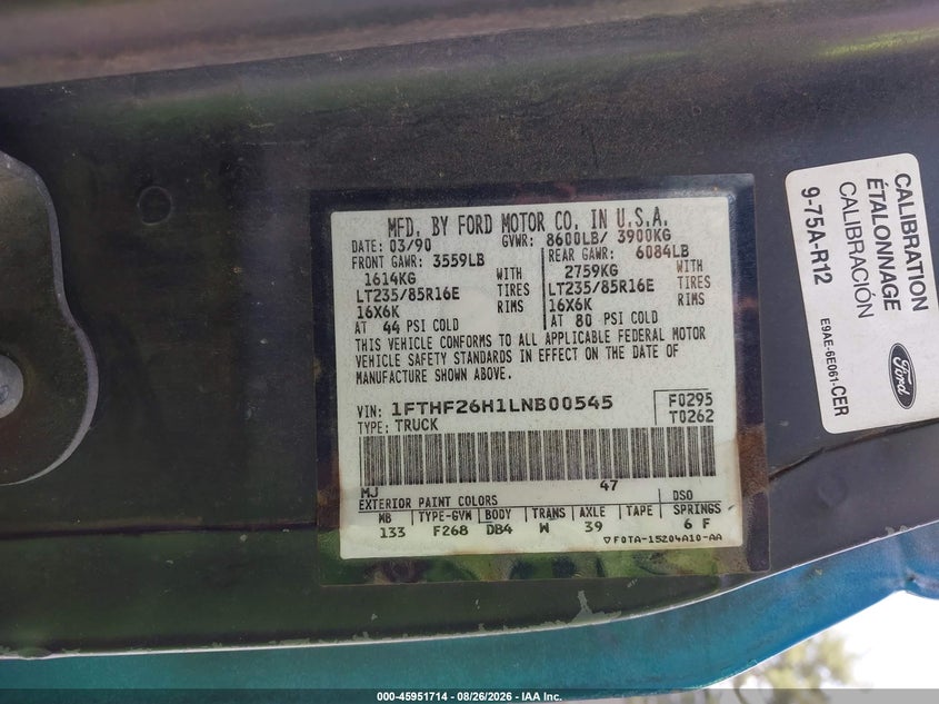 FORD F250 1990 VIN 1FTHF26H1LNB00545