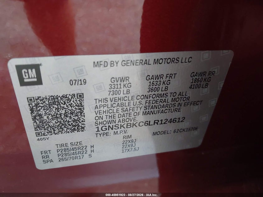 CHEVROLET TAHOE 2020 VIN 1GNSKBKC6LR124612