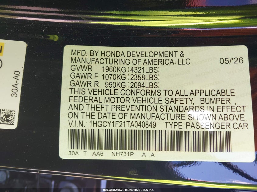 HONDA ACCORD 2026 VIN 1HGCY1F21TA040849