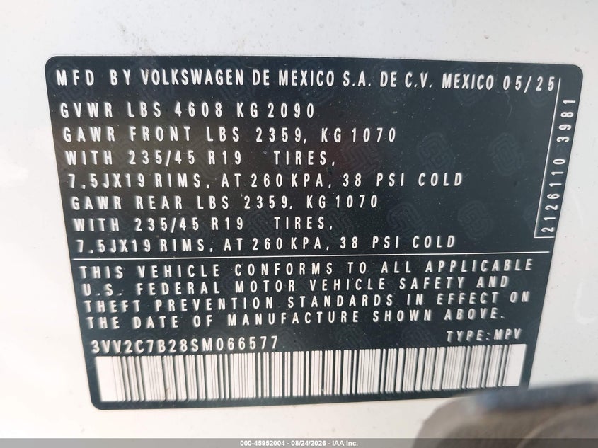 VOLKSWAGEN TAOS 2025 VIN 3VV2C7B28SM066577