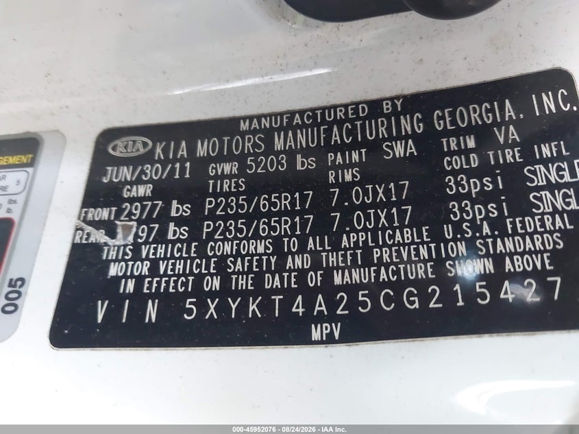 KIA SORENTO 2012 VIN 5XYKT4A25CG215427