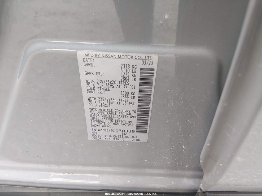NISSAN MURANO 2023 VIN 5N1AZ2BJ7PC130339