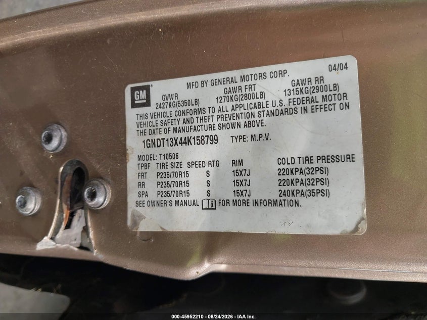 CHEVROLET BLAZER 2004 VIN 1GNDT13X44K158799