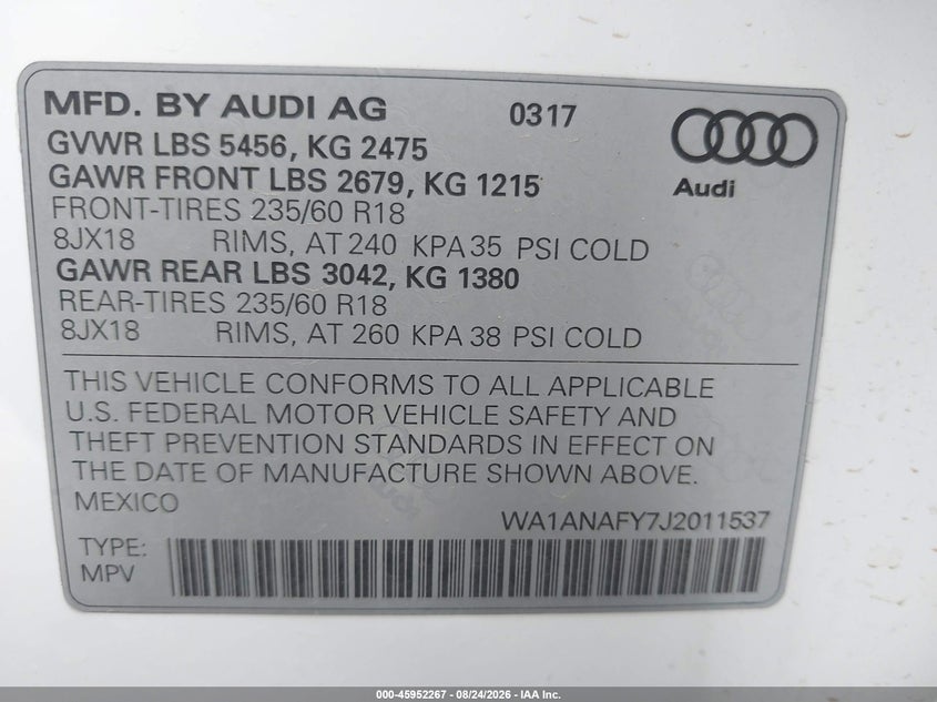 AUDI Q5 2018 VIN WA1ANAFY7J2011537