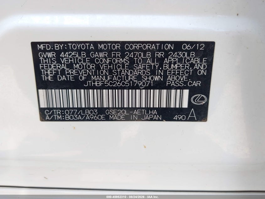 LEXUS IS 250 2012 VIN JTHBF5C26C5179071