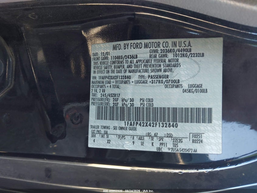 FORD MUSTANG 2002 VIN 1FAFP42X42F132840