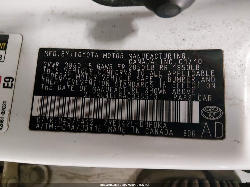 2010 TOYOTA MATRIX HATCHBACK 1.8L I-4 DOHC, VVT, REGULAR , 132HP