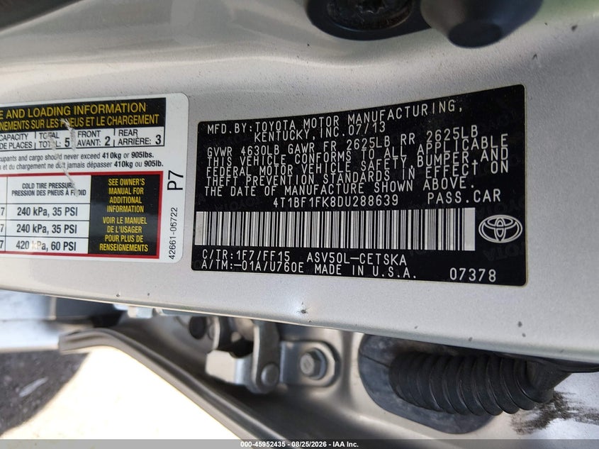 2013 TOYOTA CAMRY SEDAN 2.5L I-4 DOHC, VVT, 173HP