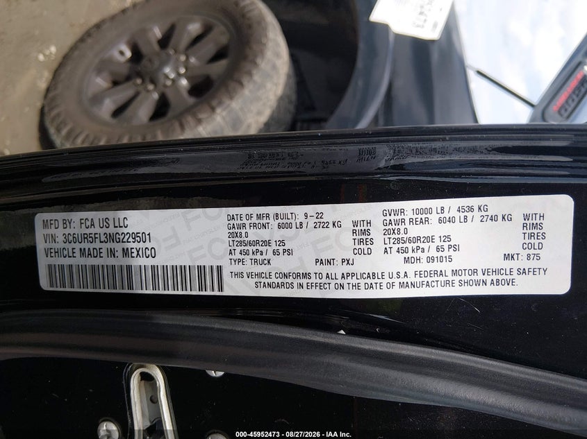 RAM 2500 2022 VIN 3C6UR5FL3NG229501