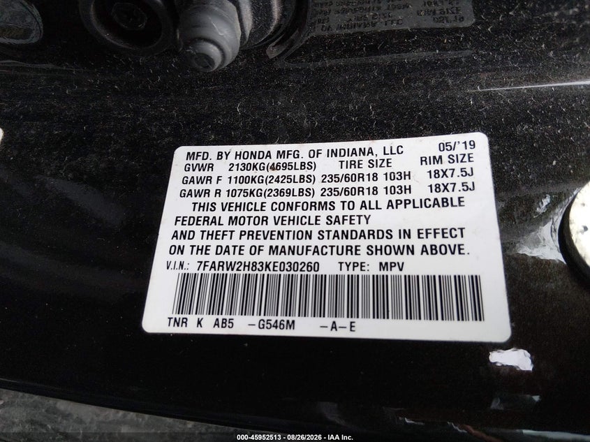 HONDA CR-V 2019 VIN 7FARW2H83KE030260