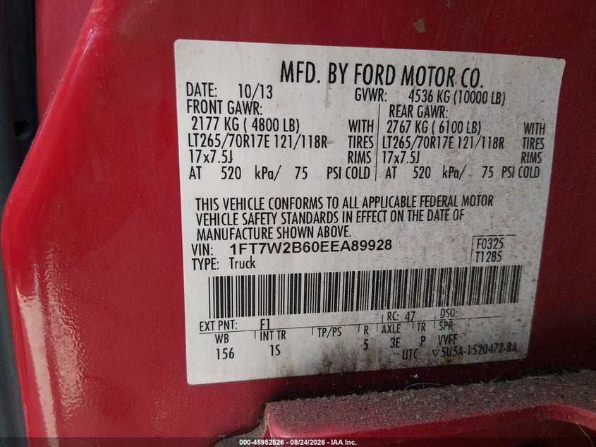 FORD F-250 2014 VIN 1FT7W2B60EEA89928