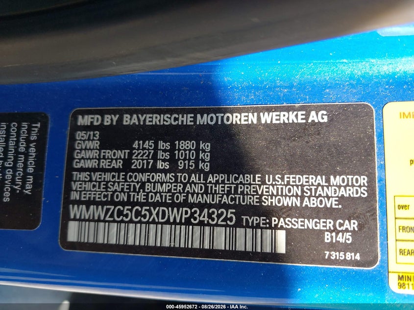MINI COUNTRYMAN 2013 VIN WMWZC5C5XDWP34325