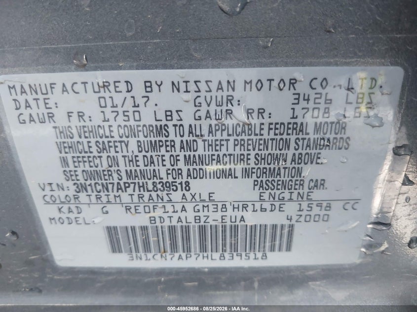2017 NISSAN VERSA SEDAN 1.6L I-4 DOHC, VVT, 109HP