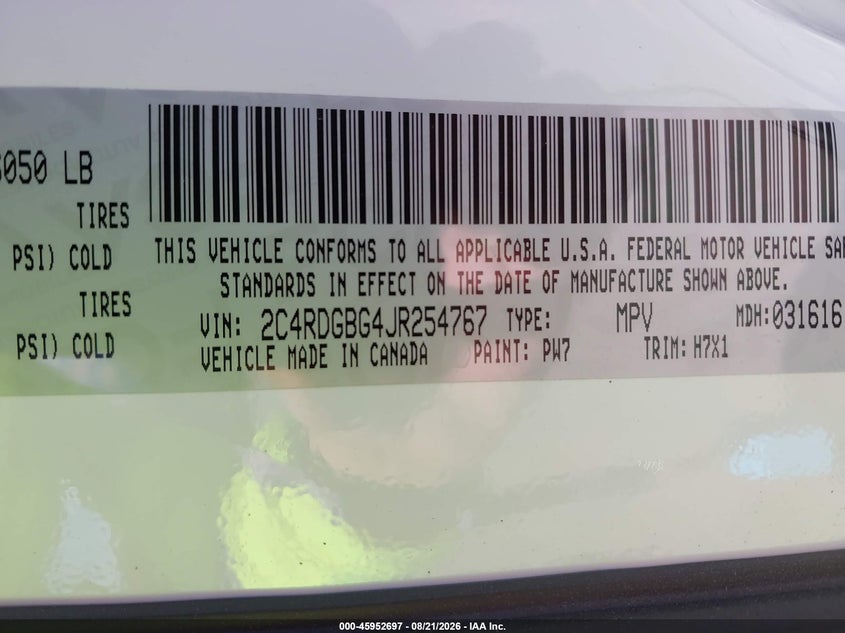 DODGE GRAND CARAVAN 2018 VIN 2C4RDGBG4JR254767