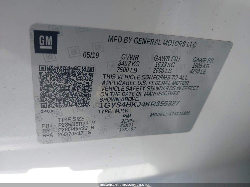 CADILLAC ESCALADE ESV 2019 VIN 1GYS4HKJ4KR355327