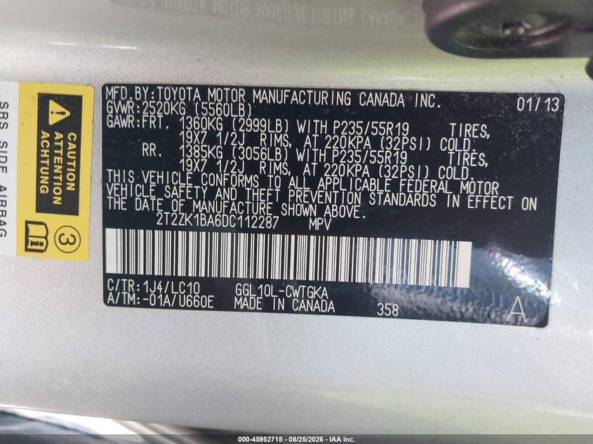 LEXUS RX 350 2013 VIN 2T2ZK1BA6DC112287