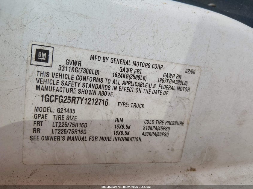 CHEVROLET EXPRESS 2000 VIN 1GCFG25R7Y1212716