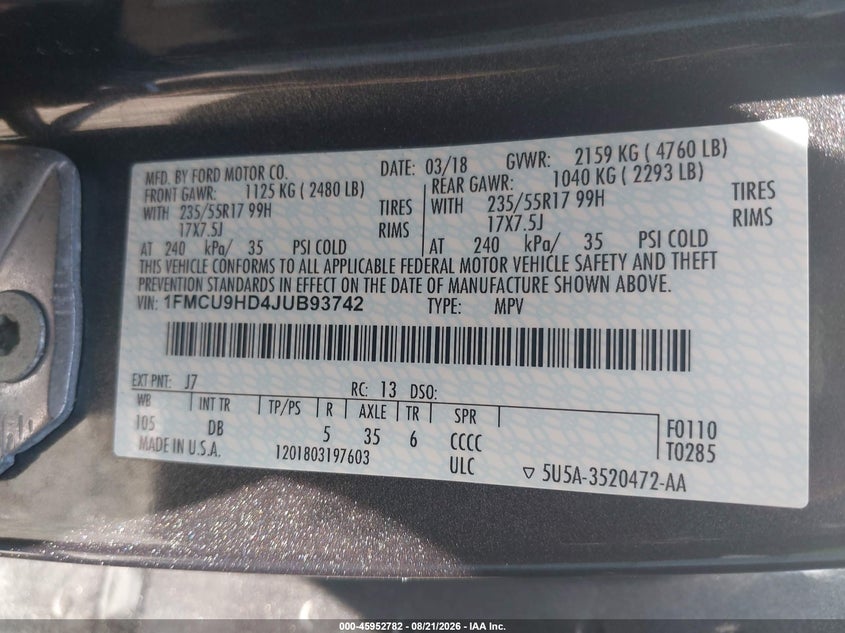 FORD ESCAPE 2018 VIN 1FMCU9HD4JUB93742