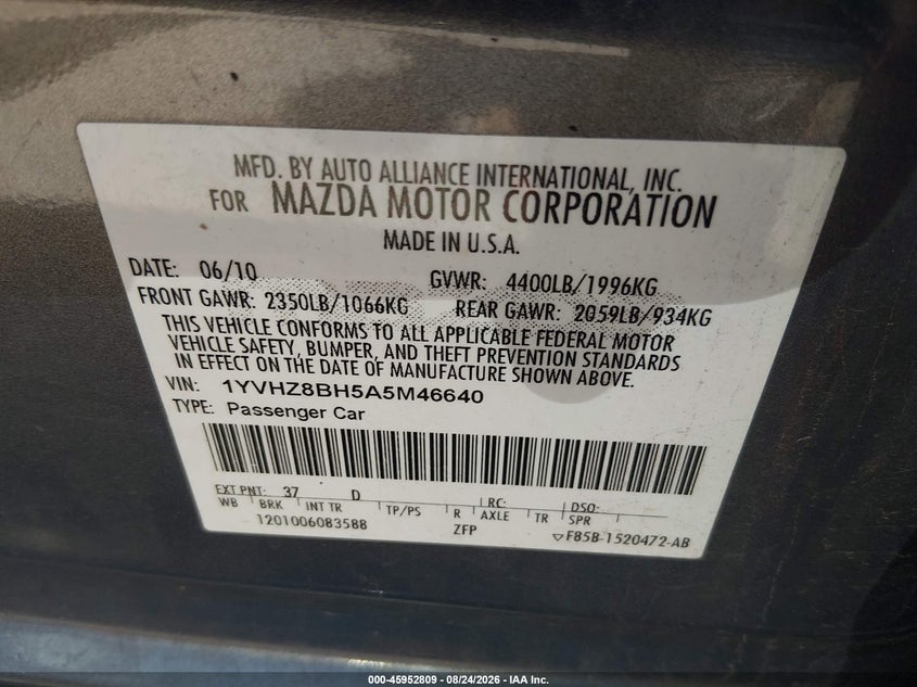 MAZDA MAZDA6 2010 VIN 1YVHZ8BH5A5M46640
