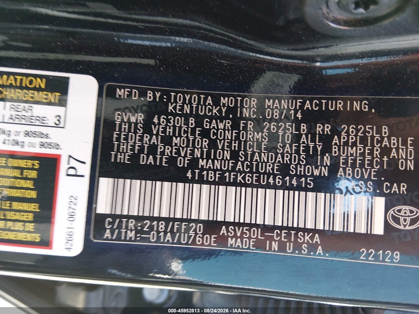 2014 TOYOTA CAMRY SEDAN 2.5L I-4 DOHC, VVT, 178HP